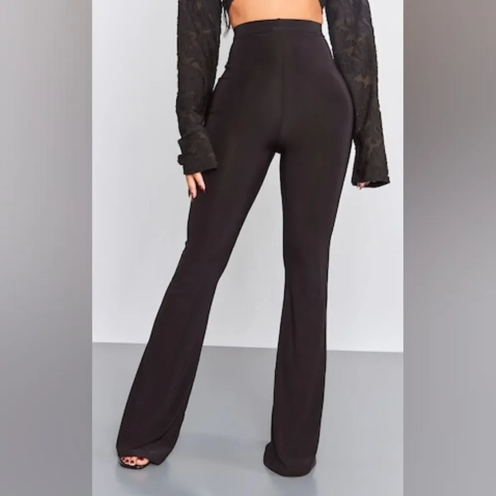PrettyLittleThing Petite Black Flare Ruched Bum Slinky Pants Size 6 in black NWT